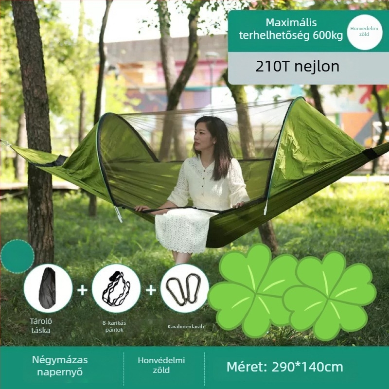 Kültéri függőágy rovarhálóval és árnyékolóval, vászon felület, terhelhetőség 600 kg, tömeg 1.7–2.7 kg, konzol nélkül, egy személy számára