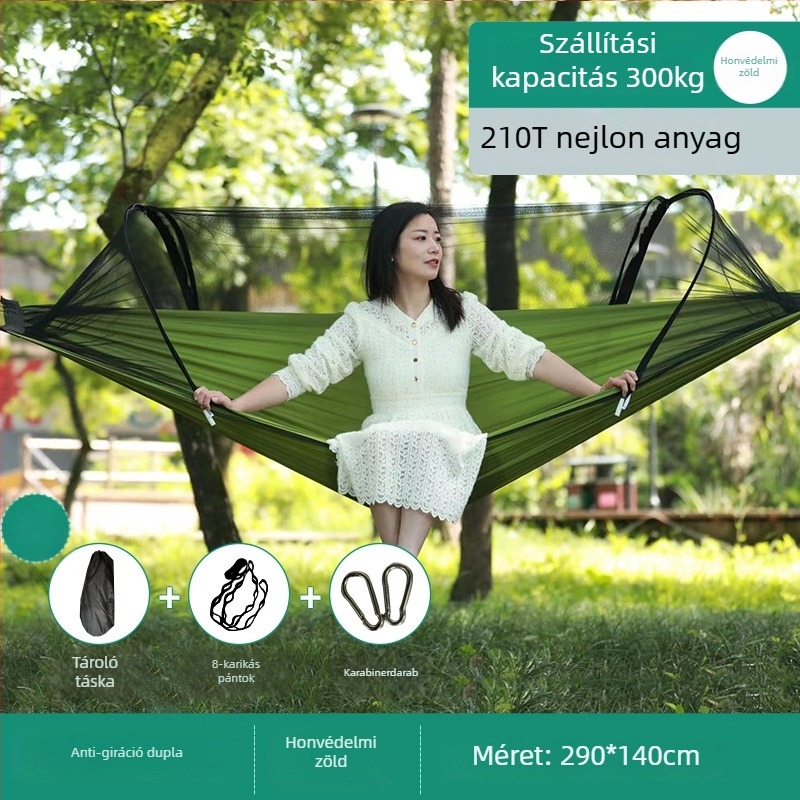 Kültéri függőágy rovarhálóval és árnyékolóval, vászon felület, terhelhetőség 600 kg, tömeg 1.7–2.7 kg, konzol nélkül, egy személy számára