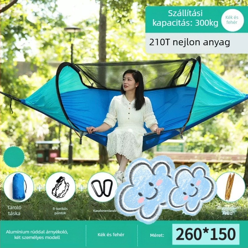 Kültéri függőágy rovarhálóval és árnyékolóval, vászon felület, terhelhetőség 600 kg, tömeg 1.7–2.7 kg, konzol nélkül, egy személy számára