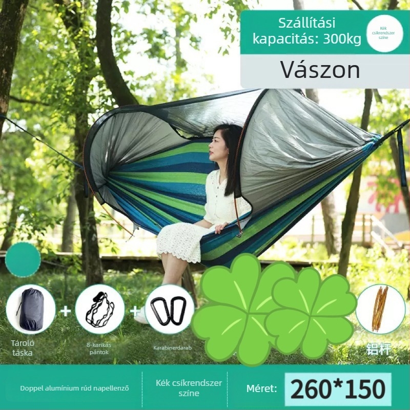 Kültéri függőágy rovarhálóval és árnyékolóval, vászon felület, terhelhetőség 600 kg, tömeg 1.7–2.7 kg, konzol nélkül, egy személy számára