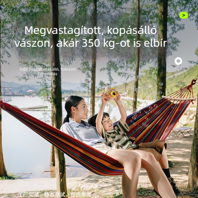 Oldalsó védőrúddal ellátott függőágy; felnőttek és gyerekek számára; vászon anyag; teherbírás 250 kg; vastagított kötéllel