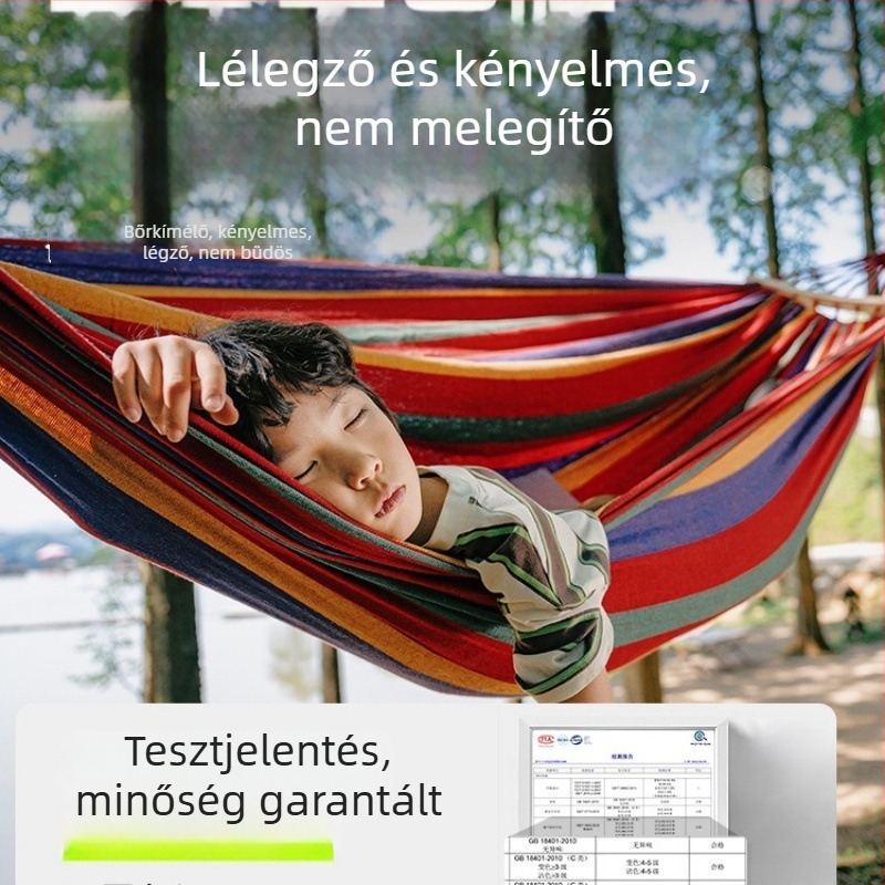 Oldalsó védőrúddal ellátott függőágy; felnőttek és gyerekek számára; vászon anyag; teherbírás 250 kg; vastagított kötéllel