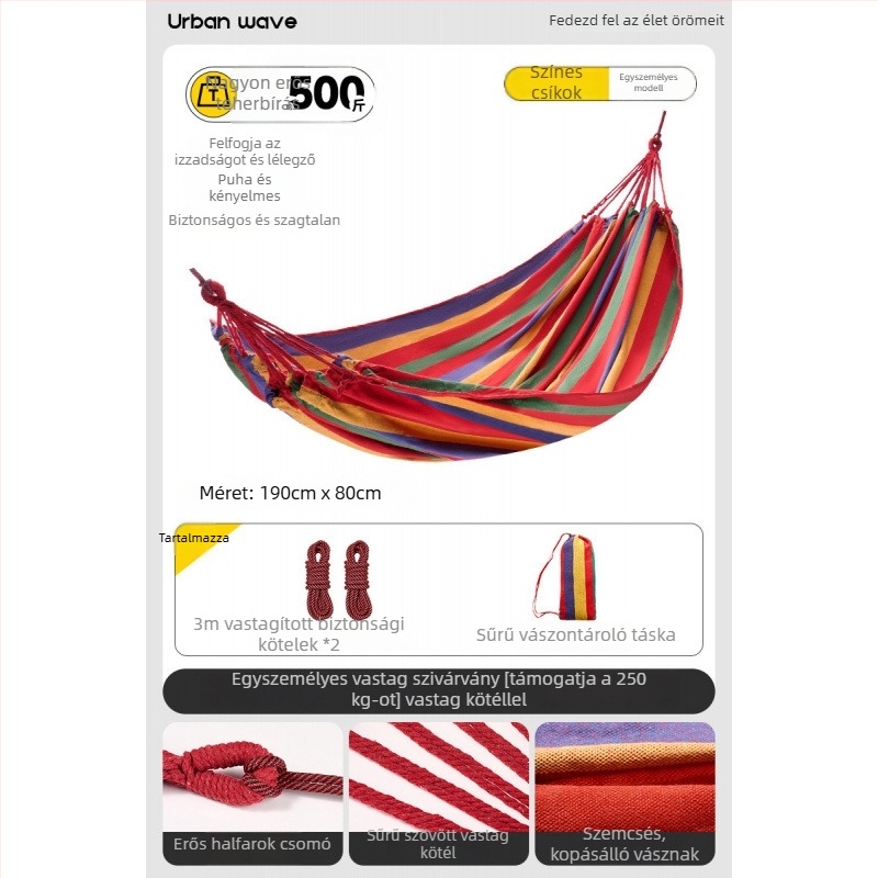 Oldalsó védőrúddal ellátott függőágy; felnőttek és gyerekek számára; vászon anyag; teherbírás 250 kg; vastagított kötéllel