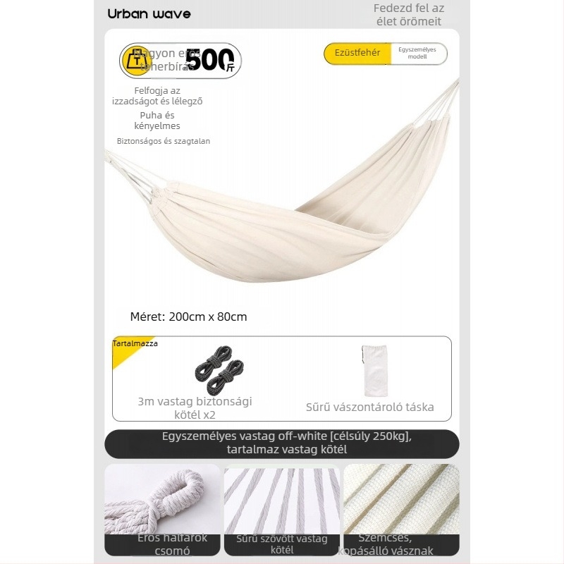 Oldalsó védőrúddal ellátott függőágy; felnőttek és gyerekek számára; vászon anyag; teherbírás 250 kg; vastagított kötéllel