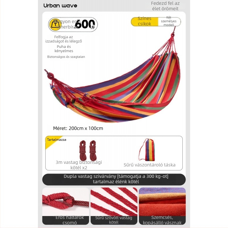 Oldalsó védőrúddal ellátott függőágy; felnőttek és gyerekek számára; vászon anyag; teherbírás 250 kg; vastagított kötéllel