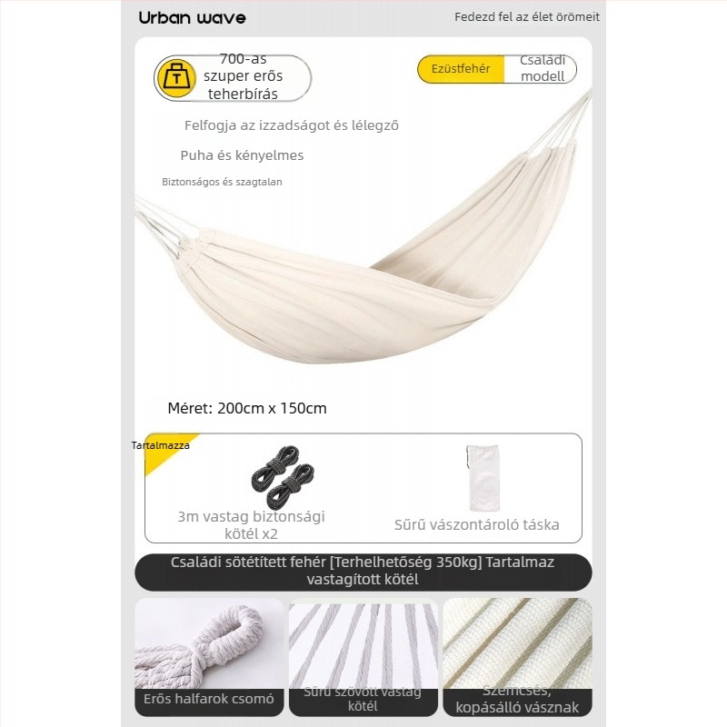 Oldalsó védőrúddal ellátott függőágy; felnőttek és gyerekek számára; vászon anyag; teherbírás 250 kg; vastagított kötéllel