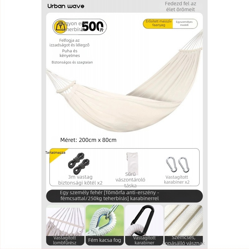 Oldalsó védőrúddal ellátott függőágy; felnőttek és gyerekek számára; vászon anyag; teherbírás 250 kg; vastagított kötéllel