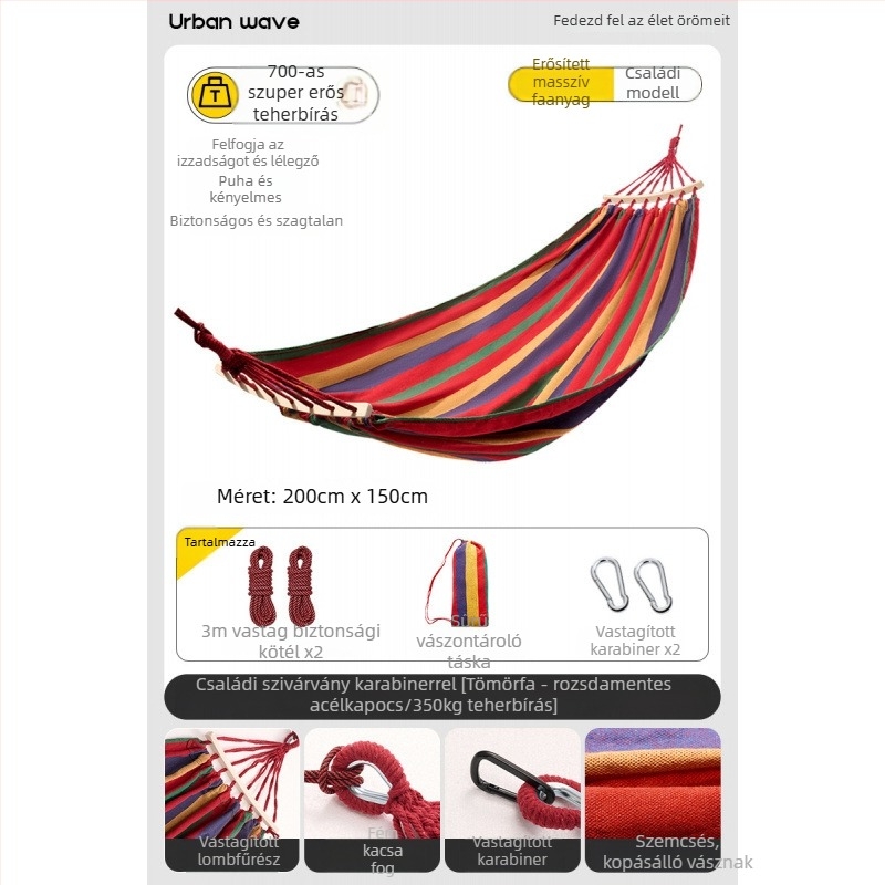 Oldalsó védőrúddal ellátott függőágy; felnőttek és gyerekek számára; vászon anyag; teherbírás 250 kg; vastagított kötéllel