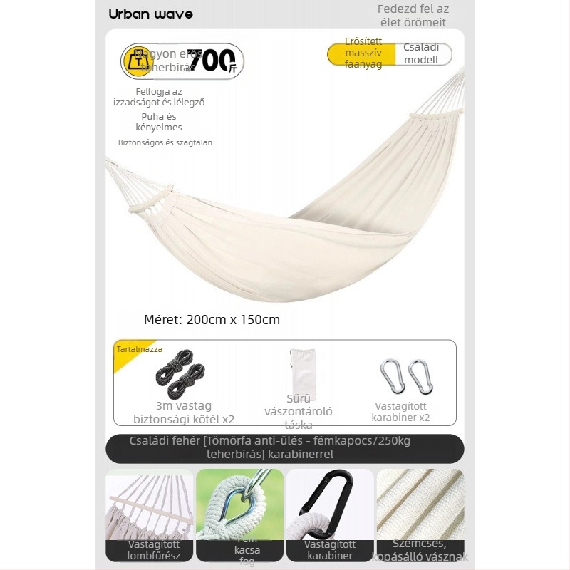 Oldalsó védőrúddal ellátott függőágy; felnőttek és gyerekek számára; vászon anyag; teherbírás 250 kg; vastagított kötéllel