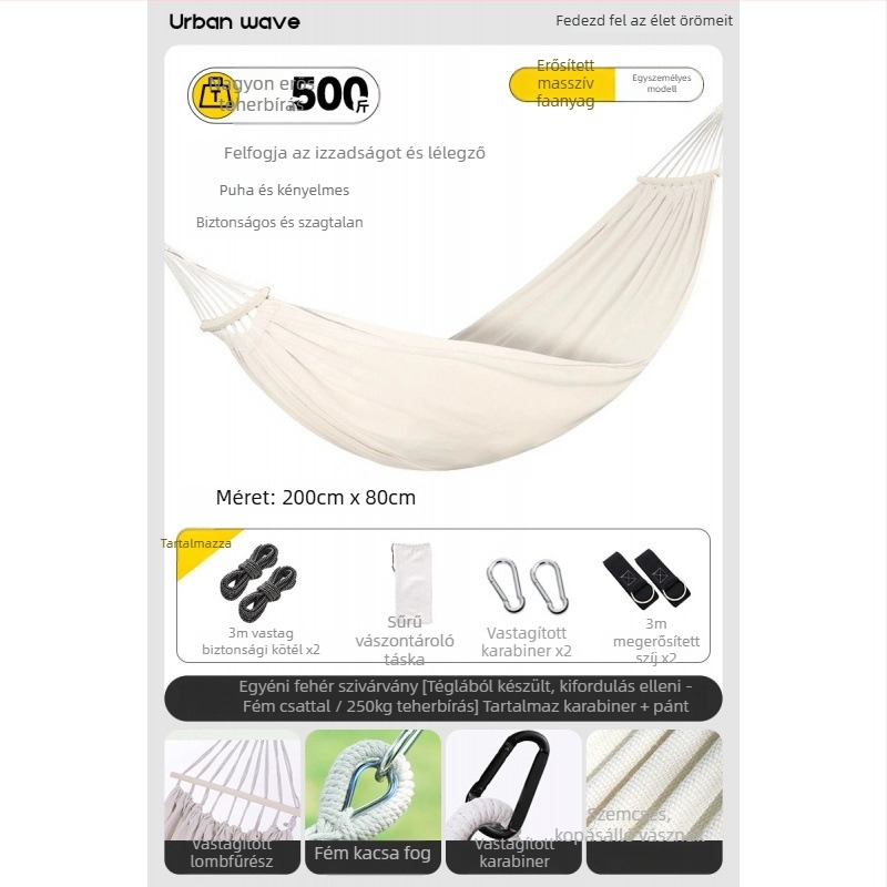 Oldalsó védőrúddal ellátott függőágy; felnőttek és gyerekek számára; vászon anyag; teherbírás 250 kg; vastagított kötéllel