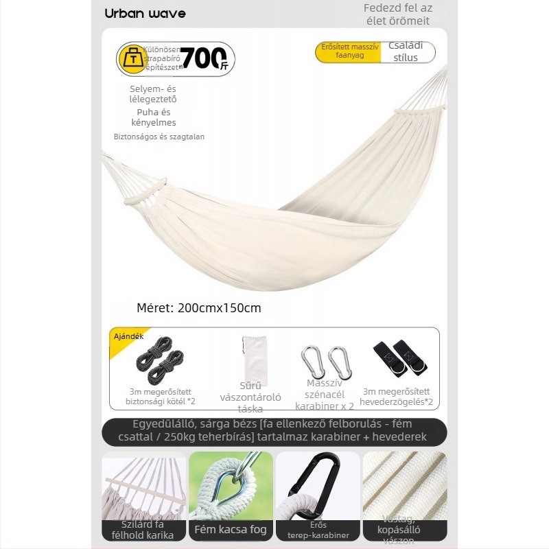 Oldalsó védőrúddal ellátott függőágy; felnőttek és gyerekek számára; vászon anyag; teherbírás 250 kg; vastagított kötéllel