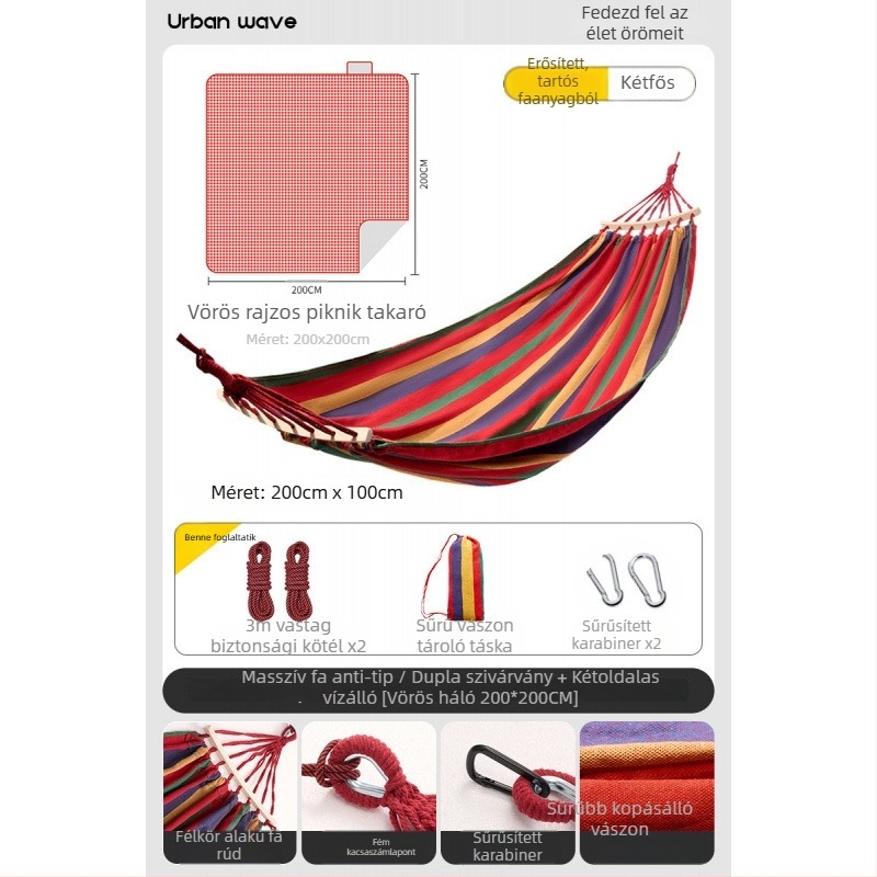 Oldalsó védőrúddal ellátott függőágy; felnőttek és gyerekek számára; vászon anyag; teherbírás 250 kg; vastagított kötéllel