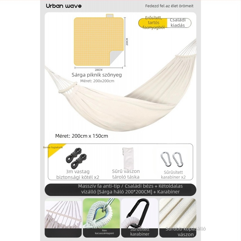 Oldalsó védőrúddal ellátott függőágy; felnőttek és gyerekek számára; vászon anyag; teherbírás 250 kg; vastagított kötéllel