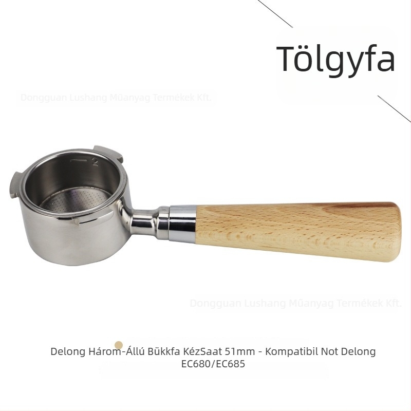 Alj nélküli portafilter fogó E61 csoportfejhez, rozsdamentes acélból készült, tömörfa markolattal; kompatibil Delong, Platinum Rich és Aibao