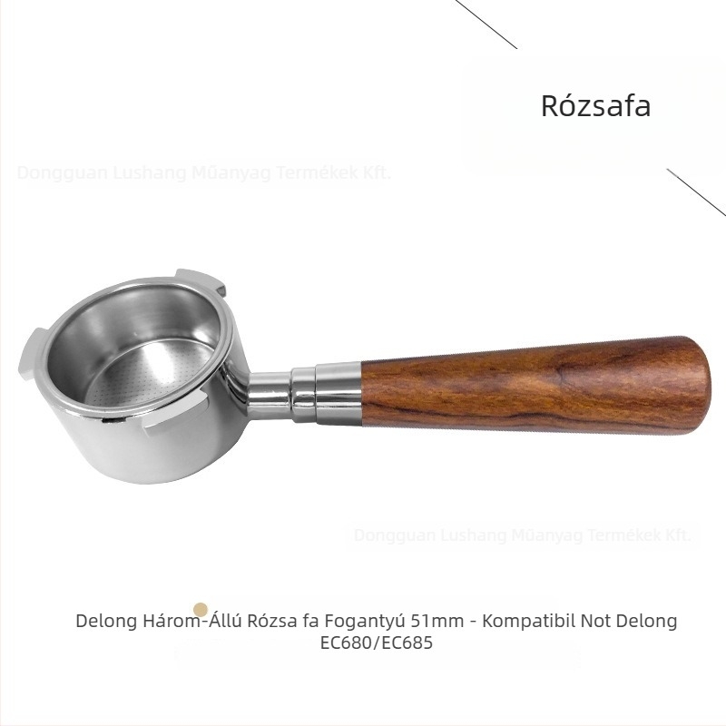 Alj nélküli portafilter fogó E61 csoportfejhez, rozsdamentes acélból készült, tömörfa markolattal; kompatibil Delong, Platinum Rich és Aibao