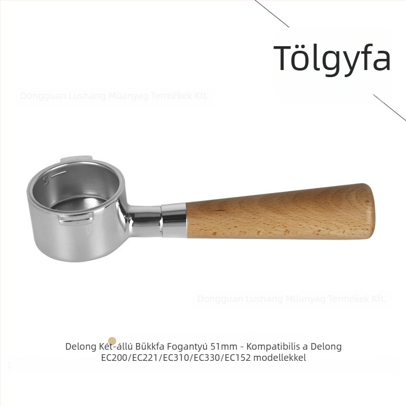 Alj nélküli portafilter fogó E61 csoportfejhez, rozsdamentes acélból készült, tömörfa markolattal; kompatibil Delong, Platinum Rich és Aibao