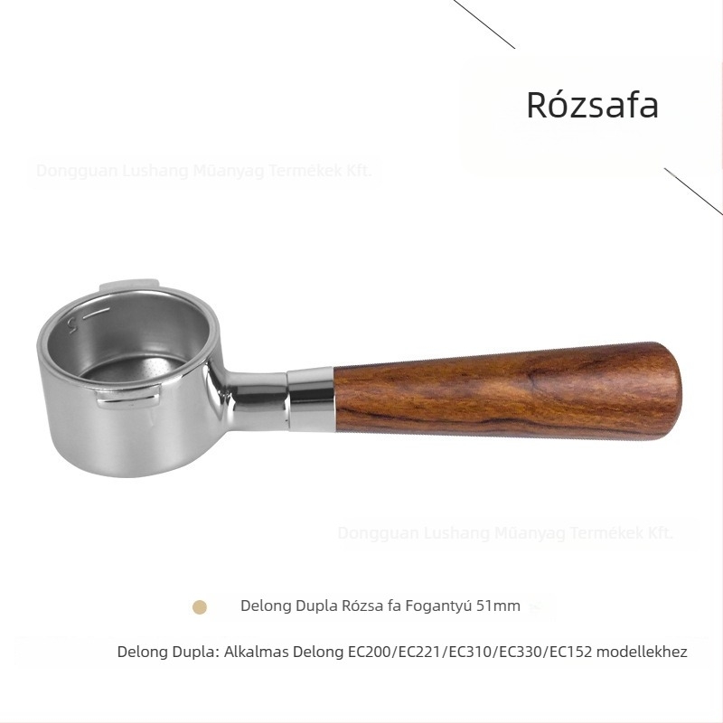Alj nélküli portafilter fogó E61 csoportfejhez, rozsdamentes acélból készült, tömörfa markolattal; kompatibil Delong, Platinum Rich és Aibao