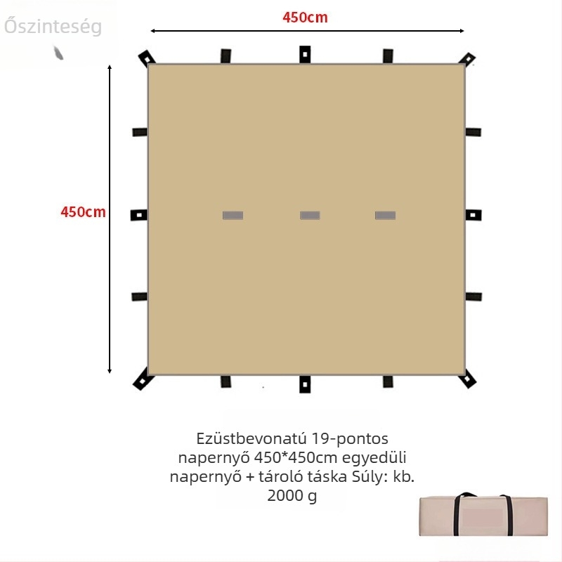 19-pontos piramisszerű kemping árnyékoló sátor (Xin ao, kód 0516, anyag: pamut, vízállóság: 3000–6000 mm, forma: négyzetes)