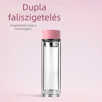Teás pohár dupla üvegfalú, boroszilikát üvegből, izolált és hőálló, tartalmaz szűrőt, modern minimalista dizájn