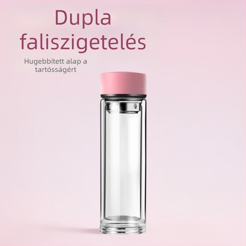 Teás pohár dupla üvegfalú, boroszilikát üvegből, izolált és hőálló, tartalmaz szűrőt, modern minimalista dizájn