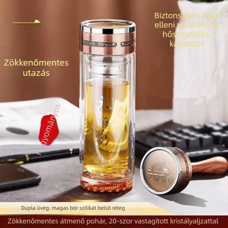 Teás pohár dupla üvegfalú, boroszilikát üvegből, izolált és hőálló, tartalmaz szűrőt, modern minimalista dizájn