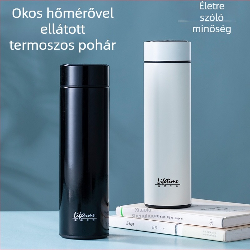 Intelligens termosz pohár hőmérséklet-kijelzővel, belső 304 rozsdamentes acél, külső 201 rozsdamentes acél, 6–12 órás szigetelés, logóval testreszabható