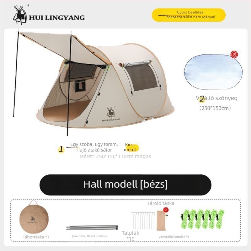 Kemping piramissátor, egyes rétegű, kézi felállítás, poliészter külső, vízállóság 2000–3000 mm