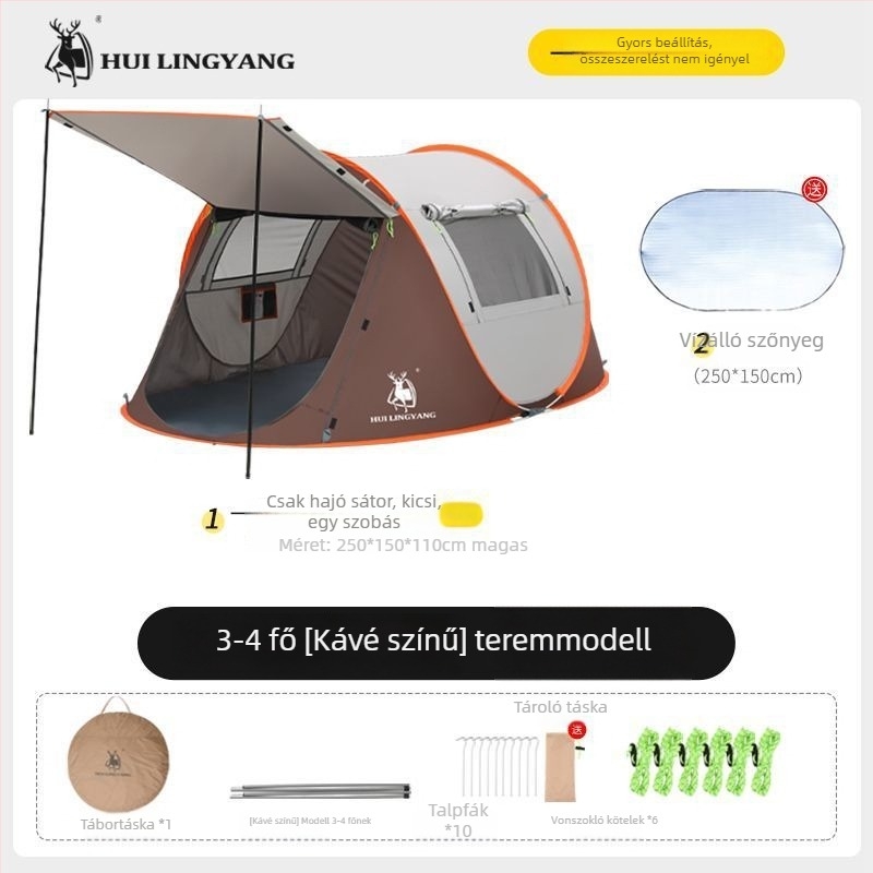 Kemping piramissátor, egyes rétegű, kézi felállítás, poliészter külső, vízállóság 2000–3000 mm