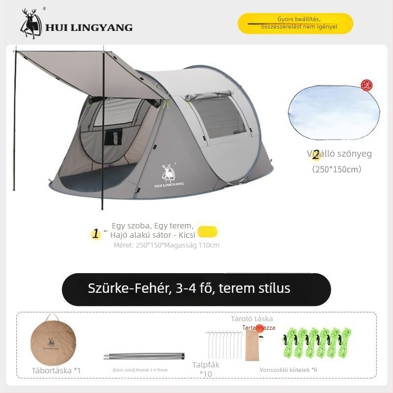 Kemping piramissátor, egyes rétegű, kézi felállítás, poliészter külső, vízállóság 2000–3000 mm