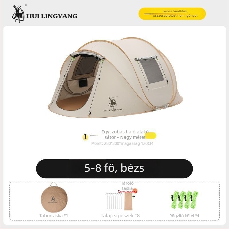 Kemping piramissátor, egyes rétegű, kézi felállítás, poliészter külső, vízállóság 2000–3000 mm