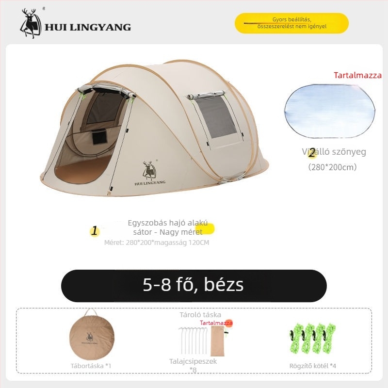 Kemping piramissátor, egyes rétegű, kézi felállítás, poliészter külső, vízállóság 2000–3000 mm