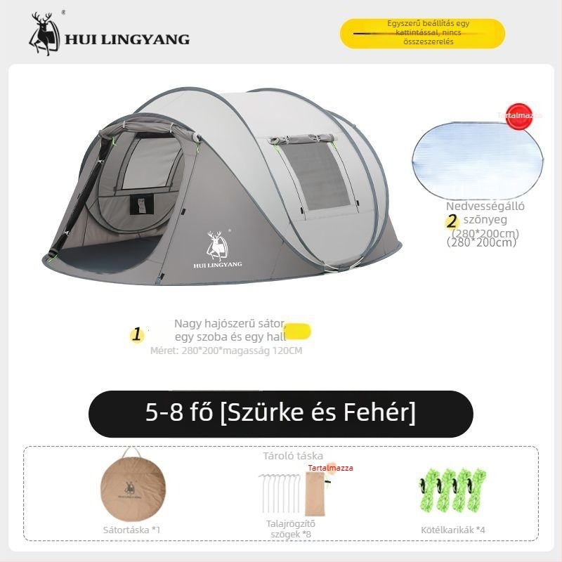 Kemping piramissátor, egyes rétegű, kézi felállítás, poliészter külső, vízállóság 2000–3000 mm