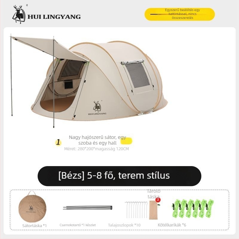 Kemping piramissátor, egyes rétegű, kézi felállítás, poliészter külső, vízállóság 2000–3000 mm