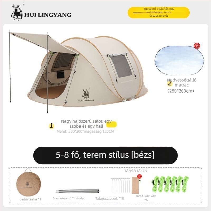 Kemping piramissátor, egyes rétegű, kézi felállítás, poliészter külső, vízállóság 2000–3000 mm