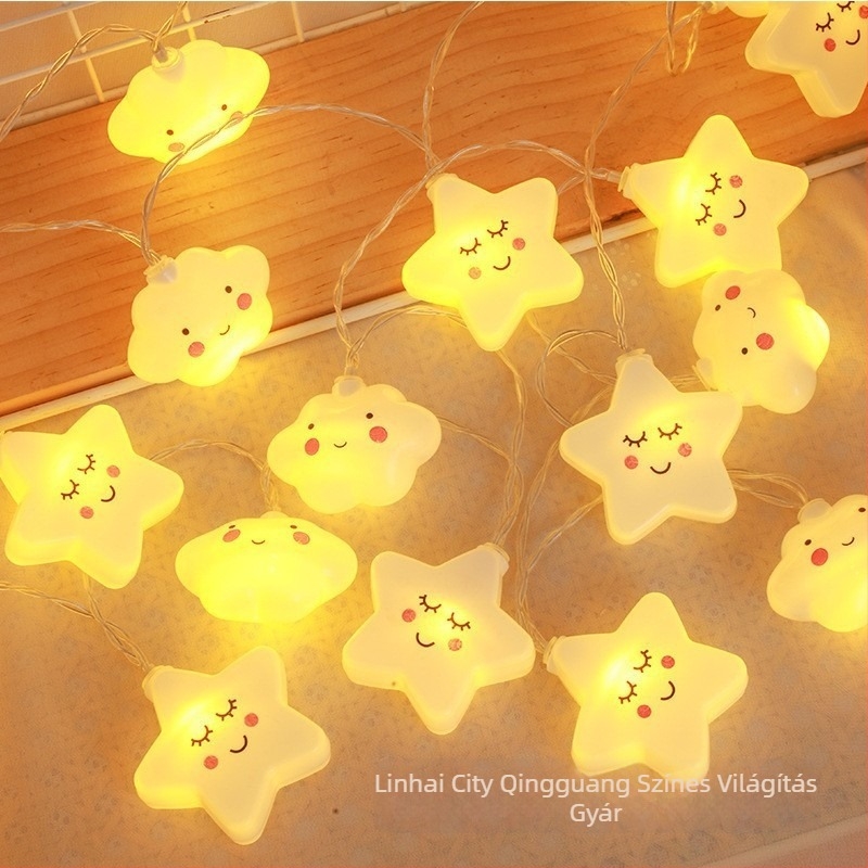 LED függő dekoratív lámpa sátorhoz csillag és szivárvány felhő motívummal, 20-2000 LED, 3.8W, IP44, napelemes/DC tápegység