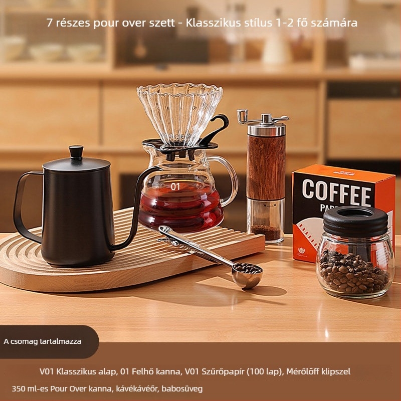Kézi kávéőrlő készlet otthonra és kültéren – kompakt kézi hajtású készlet, minimalista stílus, teljes készlet