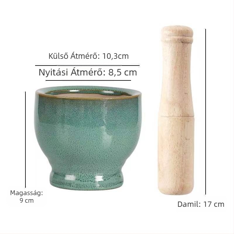 Kerámiából készült fokhagyma mozsár és mozsárkanál – hagyományos háztartási eszköz fokhagyma paszta készítéséhez, kézi