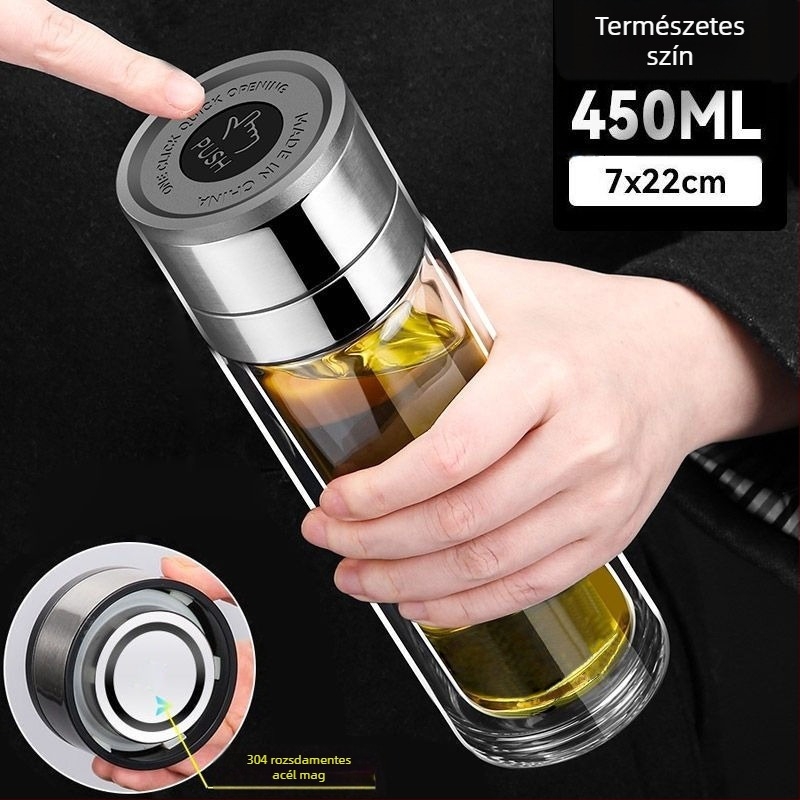 Autóban használható kettős rétegű boroszilikát üveg teás pohár, égésvédelmi hőszigetelés és egy kattintásos fedél