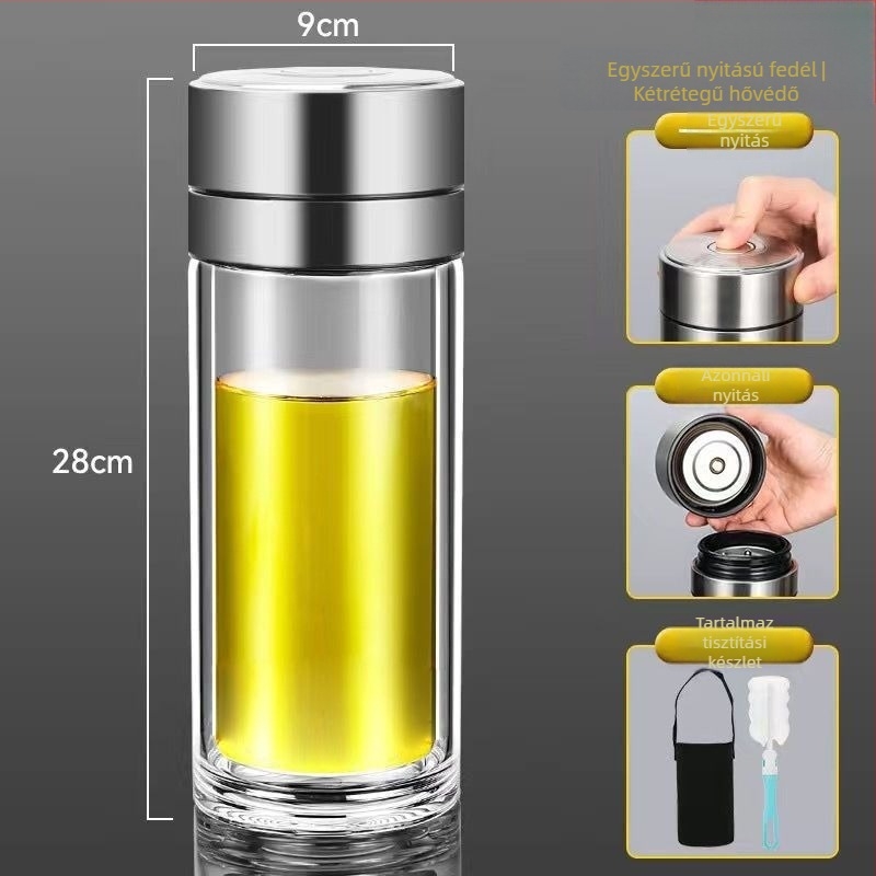 Autóban használható kettős rétegű boroszilikát üveg teás pohár, égésvédelmi hőszigetelés és egy kattintásos fedél