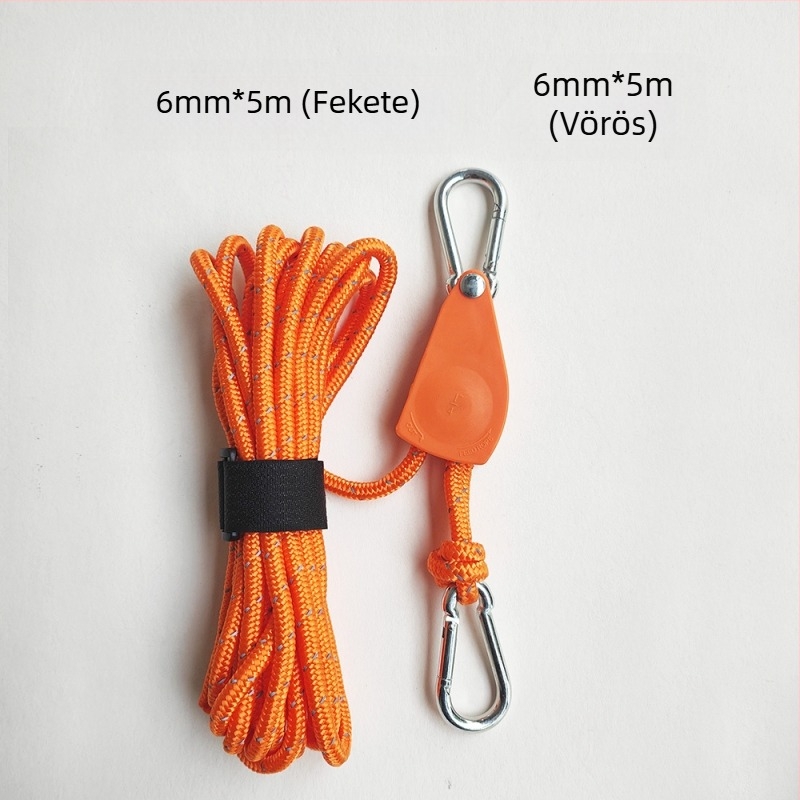 Sátor kötél görgős fesztítője, fényvisszaverő, vastagabb kötél; hossz 2–10 m; Ø 4–10 mm; maximális teher 100 kg egységenként
