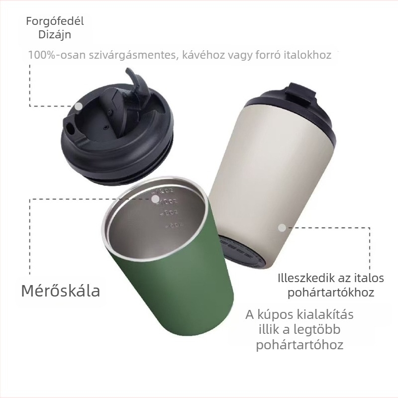 Vákuumos szigetelésű rozsdamentes acél kávés pohár, belső 304, külső 201, csavaros fedél, utazáshoz