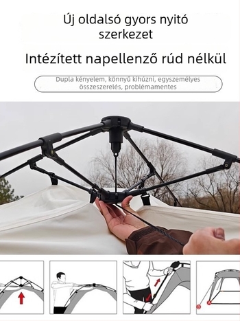 Automata gyorsan nyíló kültéri kupol sátor kempingezéshez; szélvédő és esőálló; egyrétegű konstrukció; szálas rudak; külső, belső és padló Oxford anyagból; súly 8,6 kg; külső vízállóság >3000 mm; alkalmas tavaszra és őszre
