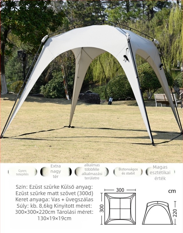 Automata gyorsan nyíló kültéri kupol sátor kempingezéshez; szélvédő és esőálló; egyrétegű konstrukció; szálas rudak; külső, belső és padló Oxford anyagból; súly 8,6 kg; külső vízállóság >3000 mm; alkalmas tavaszra és őszre