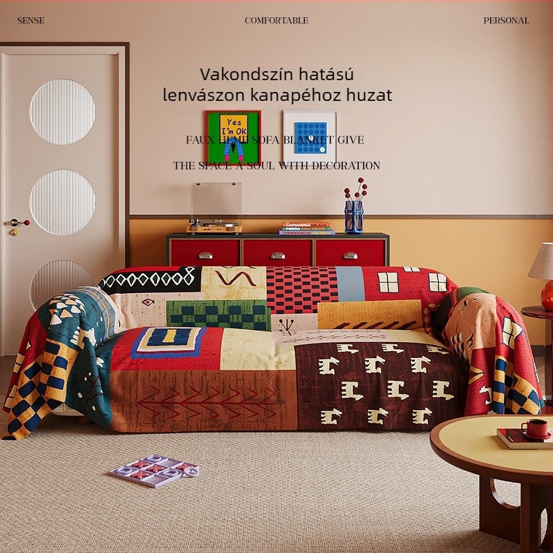 Retro patchwork kanapévédő, egyben, egész éves használatra, teljes lefedettség