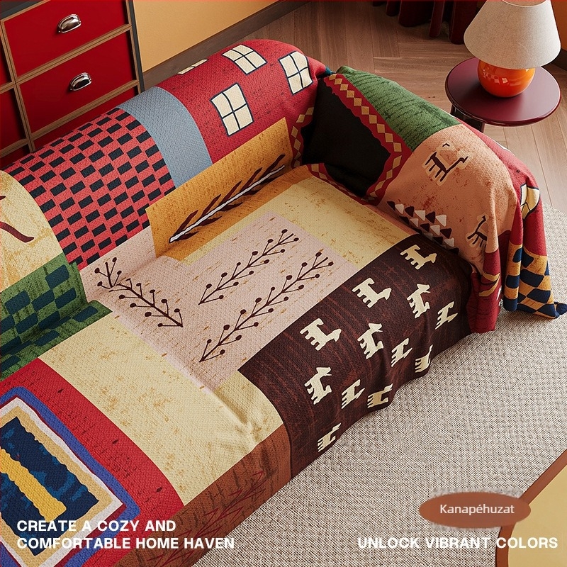 Retro patchwork kanapévédő, egyben, egész éves használatra, teljes lefedettség