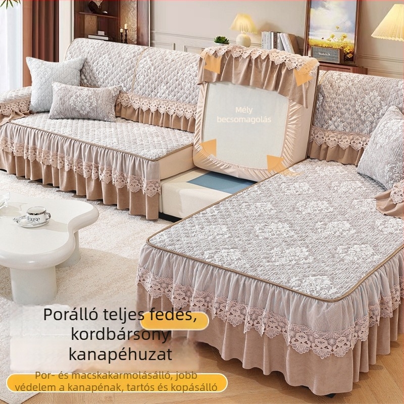 Teljes kanapéhuzat, amely lefedi az ülőpárnát és a chaise hátulsó részét, csúszásmentes rögzítés, univerzális téli használathoz