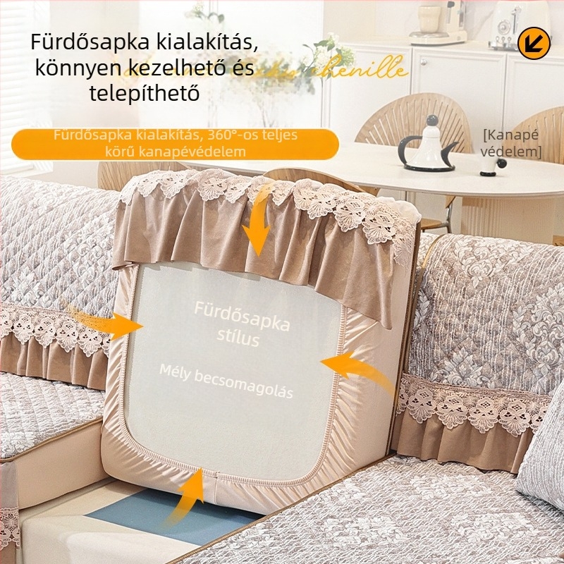 Teljes kanapéhuzat, amely lefedi az ülőpárnát és a chaise hátulsó részét, csúszásmentes rögzítés, univerzális téli használathoz