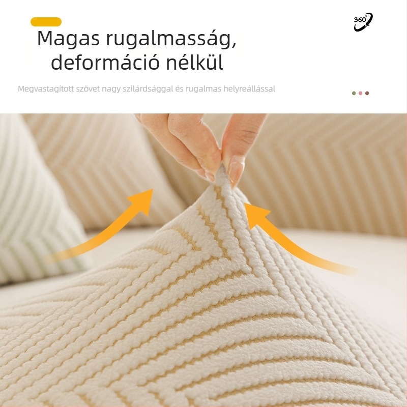 Krém színű elasztikus kanapévédő, teljes fedéssel, univerzális illeszkedés, macskák okozta karcolások elleni védelem, csúszásmentes, geometrikus mintával