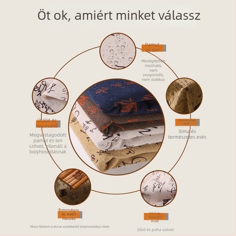 Pamut- és lenanyagú asztalterítő, téglalap alakú, szöveges mintával, új kínai stílusban, porálló