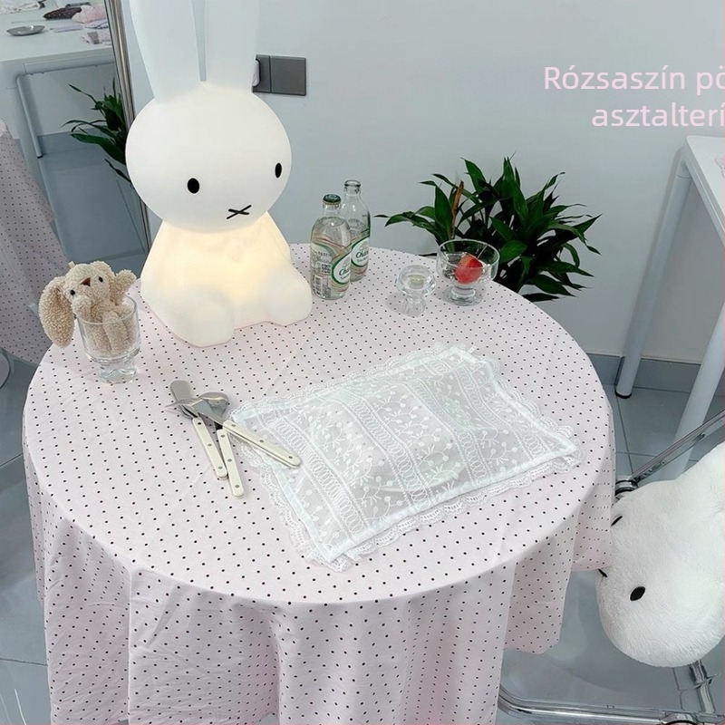 Púpos kerek asztalterítő pöttyös és virágos mintával, gyűrődésmentes, hőálló, rajzfilmszerű stílus, hálószoba, kollégium, íróasztal, kávézóasztal, porvédő dekoráció